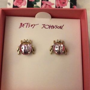 Betsey Johnson Gold Tone & Pastel Purple Ladybug Stud Earrings Crystal Accents